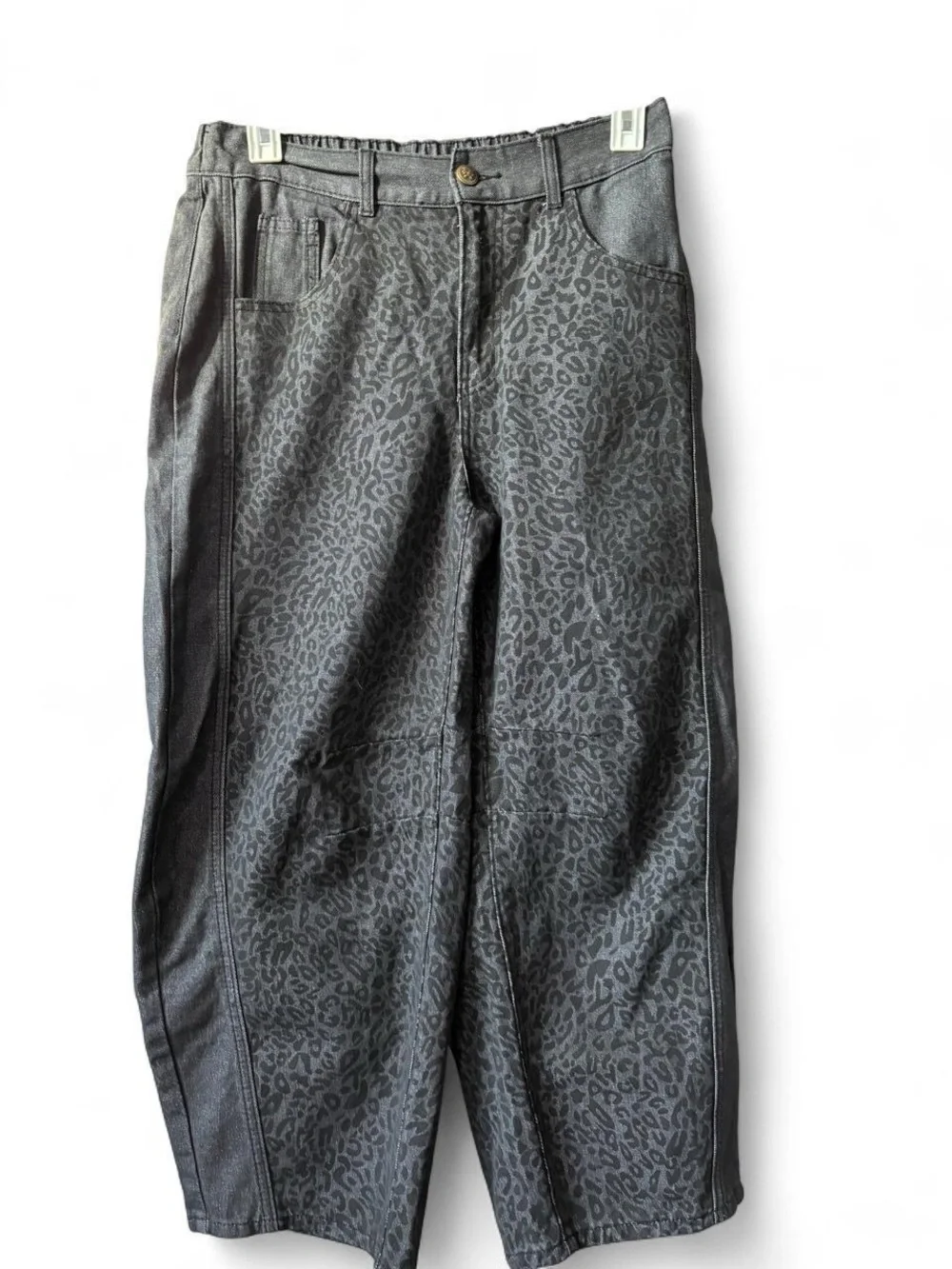 Barrel Loose Fit Gray Leopard Print Wide Leg Jeans